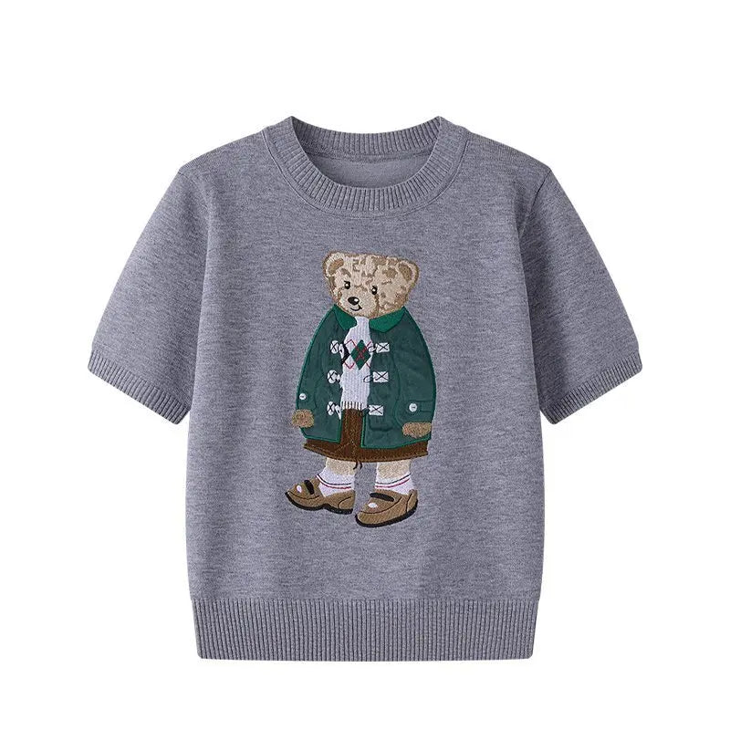 European Style Luxury Brand Loose O-Neck Bear Pullover Tops Knitwear Woman Short Sleeve T-shirt Ladies Wool Knitted Sweater