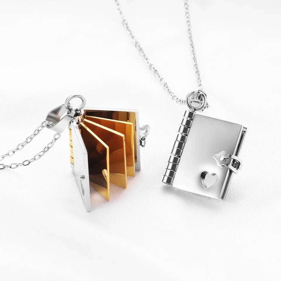 Akizoom Personalized Engrave Name Couple Book Necklace Stainless Steel Custom Book Locket Pendant for Women Family Jewelry Gift