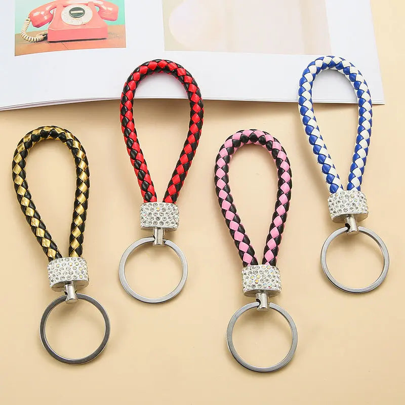 Creative Hand Woven Leather Car Keychain With Diamond Women Men Wallet Backpack Charm Bling Crystal Rope Keyring For Couple Gift