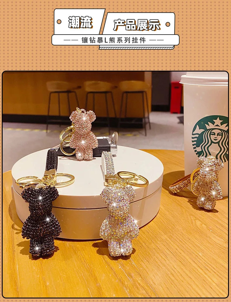 Cute Rhinestones Tassel Bear Keychain Couple Keychain Girl Decoration Small Pendant Car Key Ring Student Bag Pendant