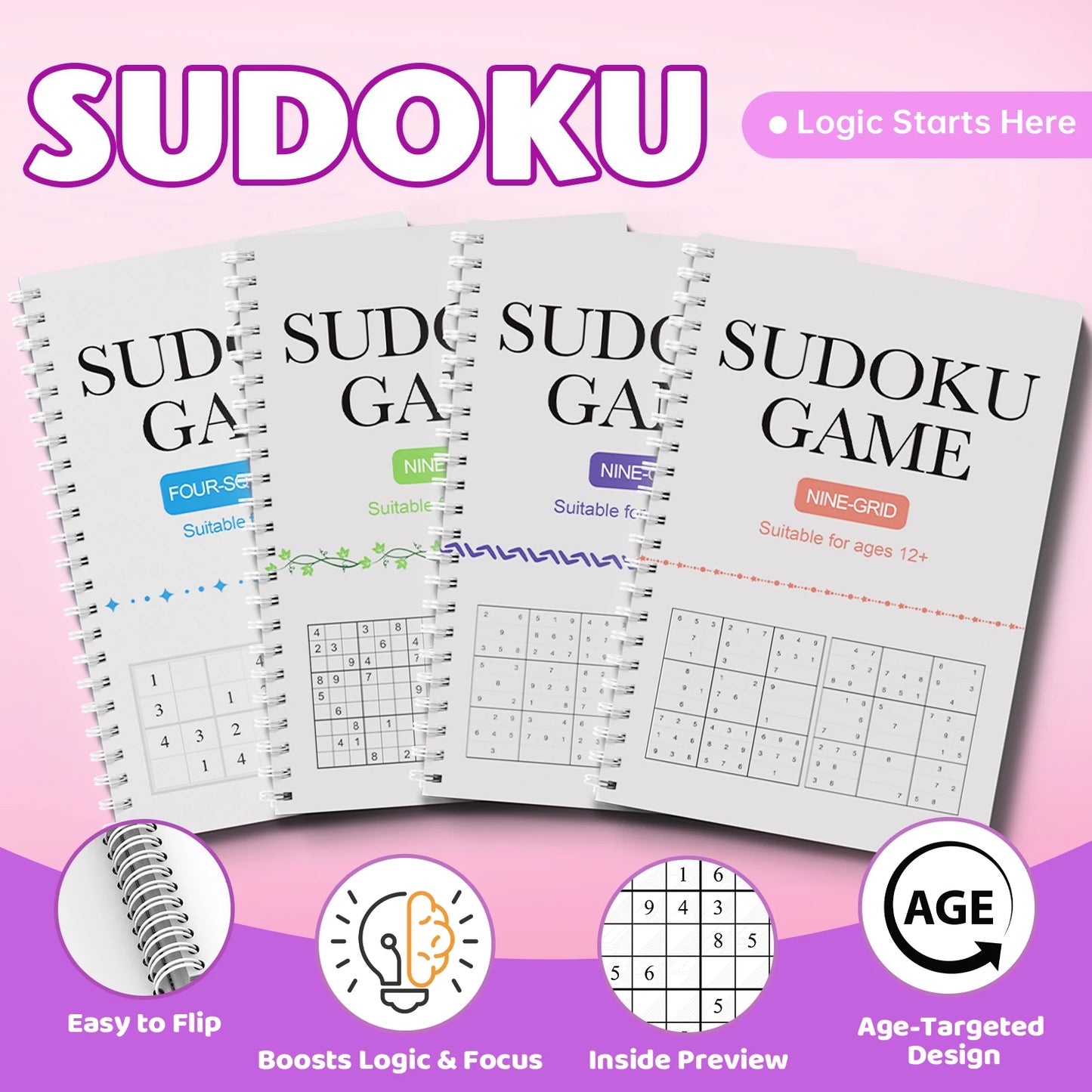 Sudoku for Kids Ages 3-6,6-9,9-12,12+ – Fun Logic Puzzle Workbook Set to Build Focus & Brain Skills