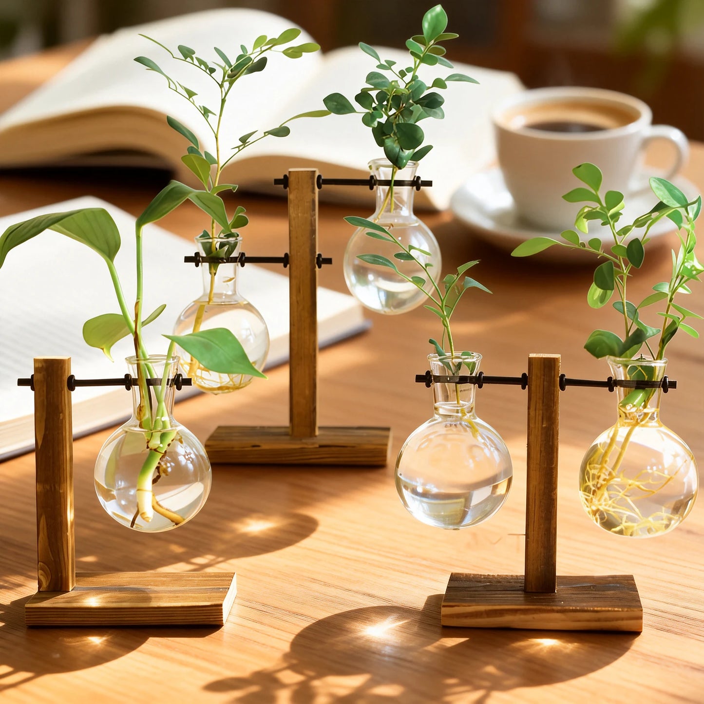 Planter Vases Flower Pot Hydroponic Plant Glass Decor Terrarium Wooden Stand Hydroponic Propagation Station Indoor Desktop Decor