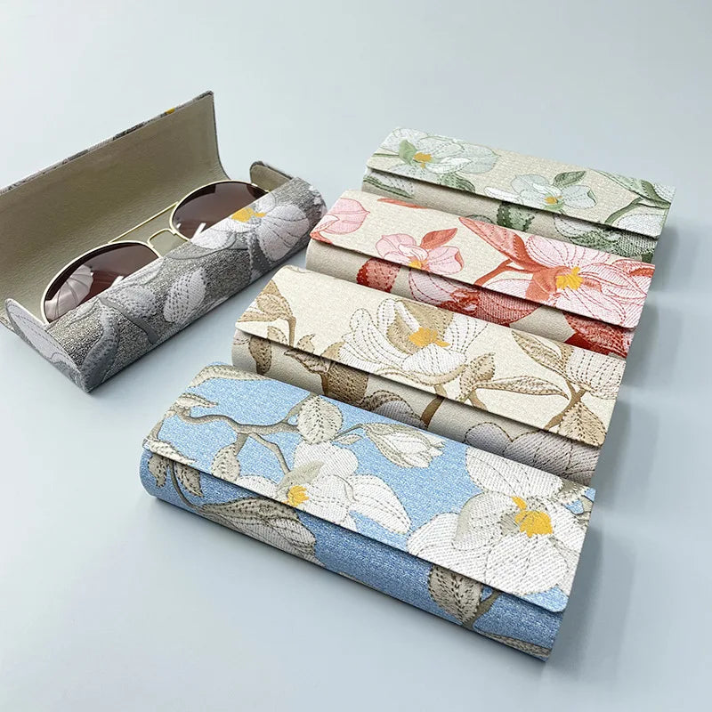 Chinese Style Flower Print Eyewear Case with Magnetic Suction Women Myopia Sunglasses Storage Box Retro Fashion Glasses Case