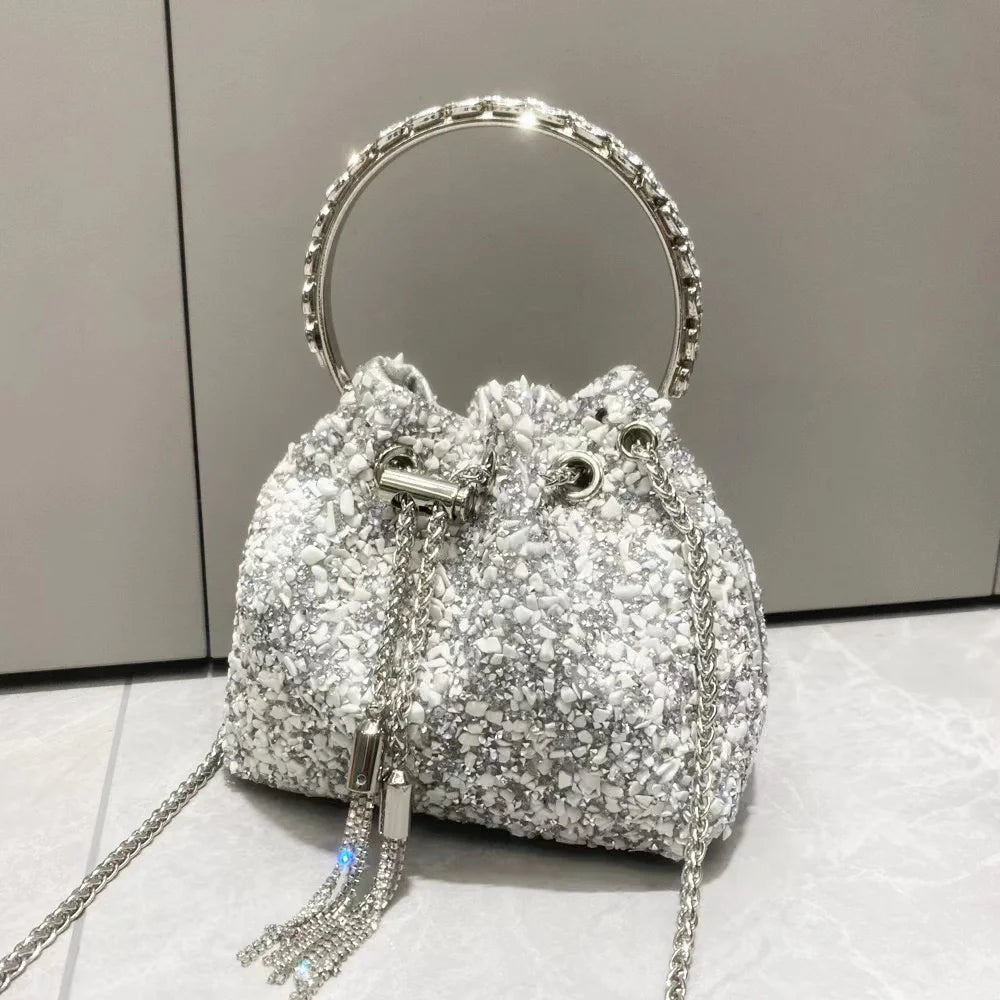 Luxury Designer Colorful Stones Evening Clutch Bag Wedding Party Bucket Purse Metal Handle Women Handbag Shoulder Messenger Bag