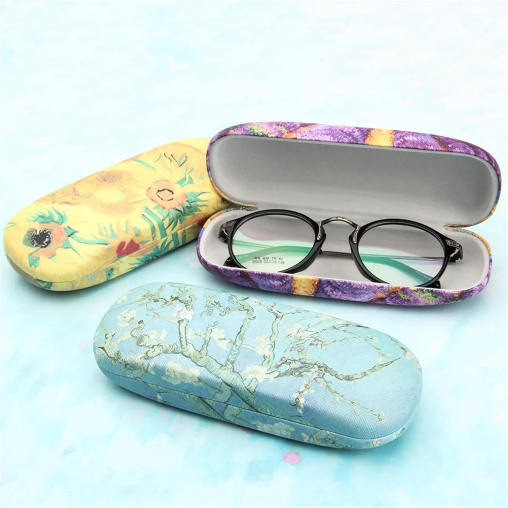 Fashion Oil Painting Glasses Case Box Hard Leather Reading Glasses Box Van Gogh Art Retro Floral Print Eyewear Protector Holder