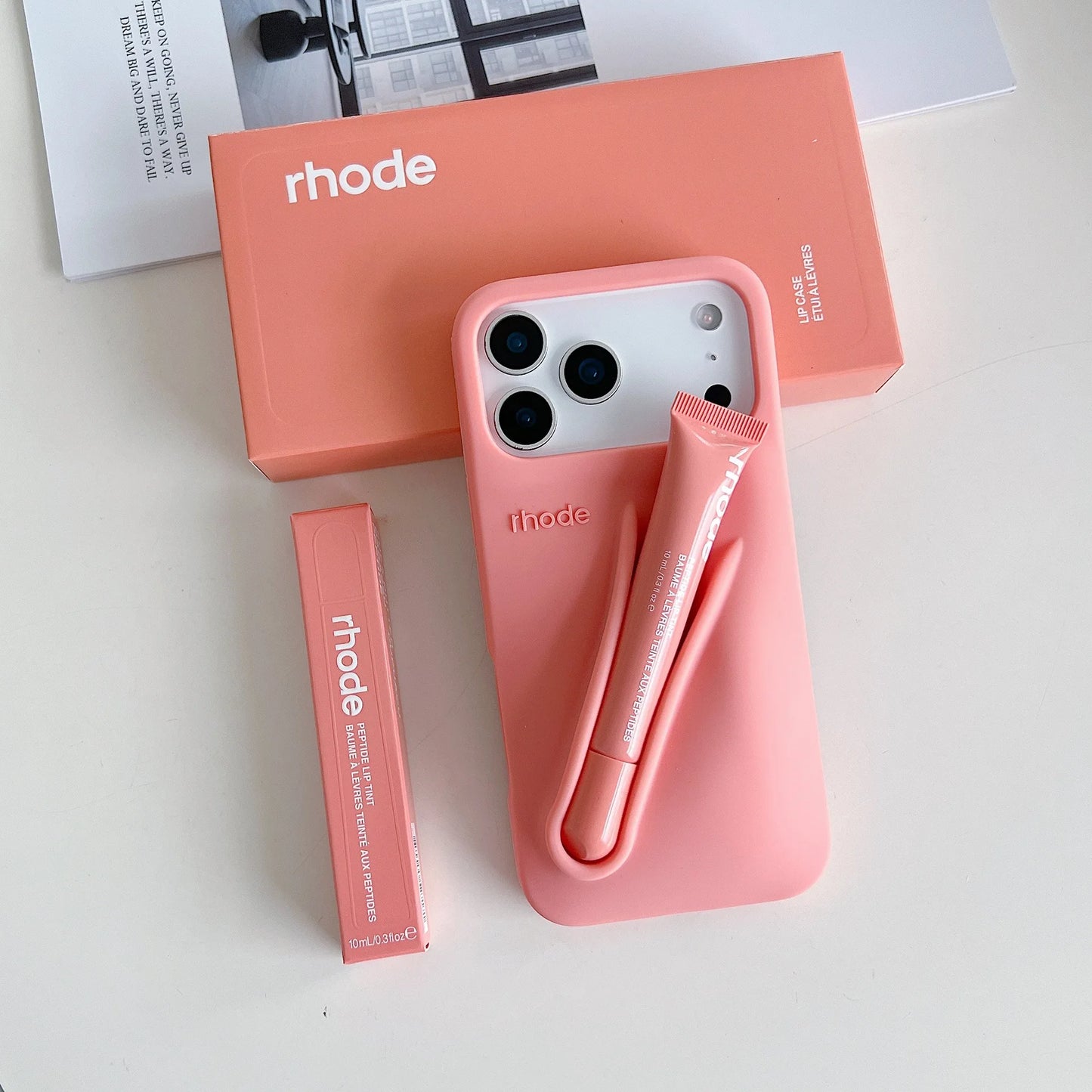 RHODE lip gloss, suitable for iPhone 11/13/14/15/16/17 Pro Max Plus, makeup lip gloss silicone protective cover, with lip gloss