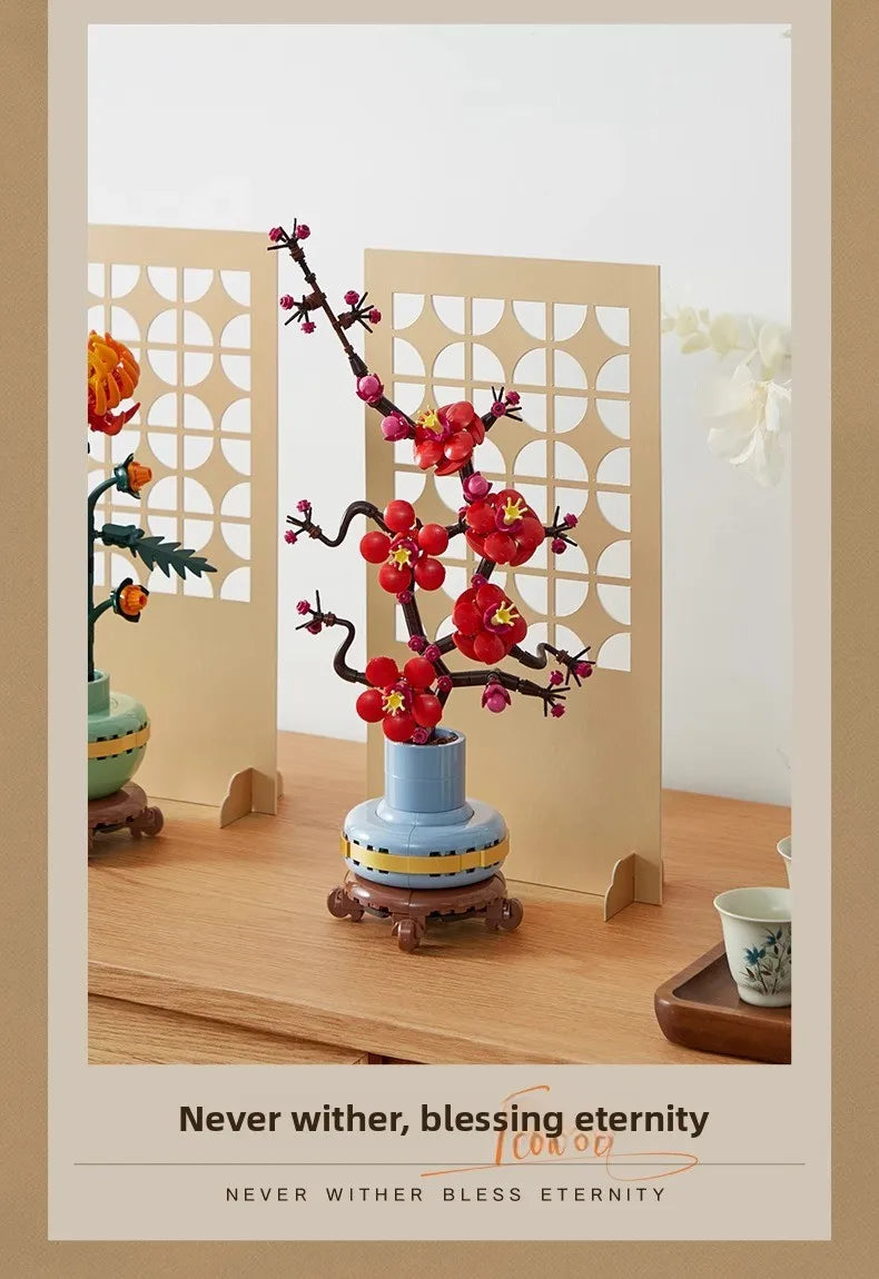 Creative Plum Blossom 10343 10369  Lucky Flower Building Blocks Orchid Chrysanthemum Bricks Toy Gift For Kids Adult 10344 10368