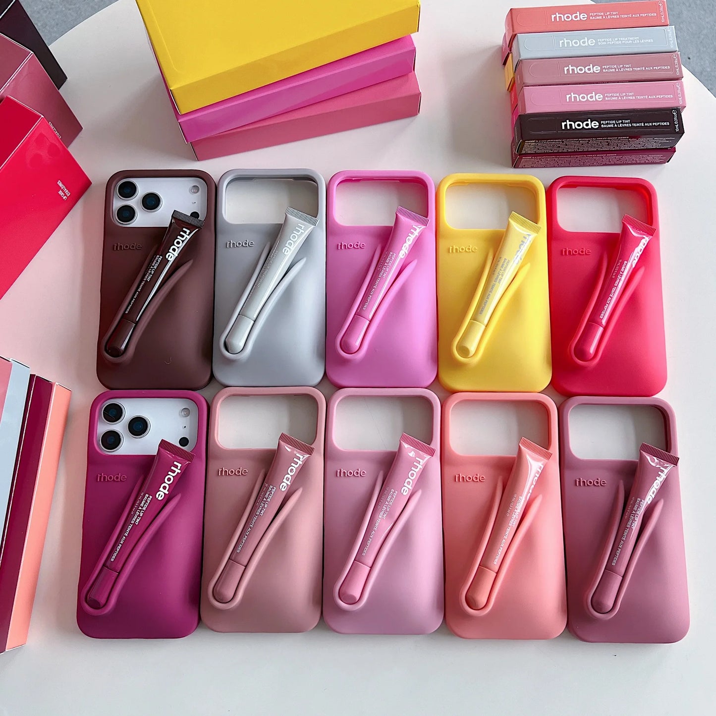 RHODE lip gloss, suitable for iPhone 11/13/14/15/16/17 Pro Max Plus, makeup lip gloss silicone protective cover, with lip gloss