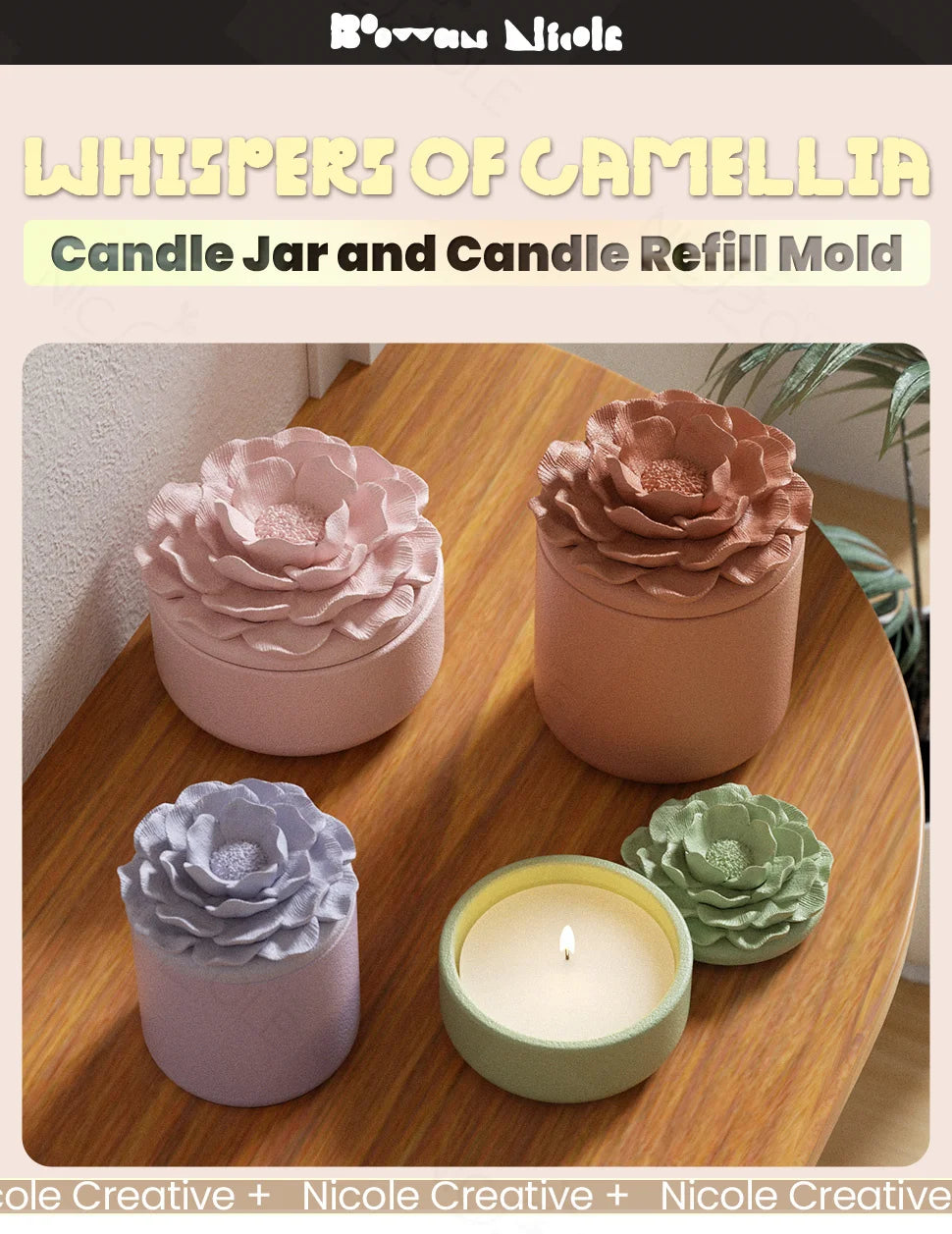 Nicole Camellia Candle Jar Jesmonite Silicone Mold Reusable Candle Refill Mold DIY Flower Concrete Gypsum Mould