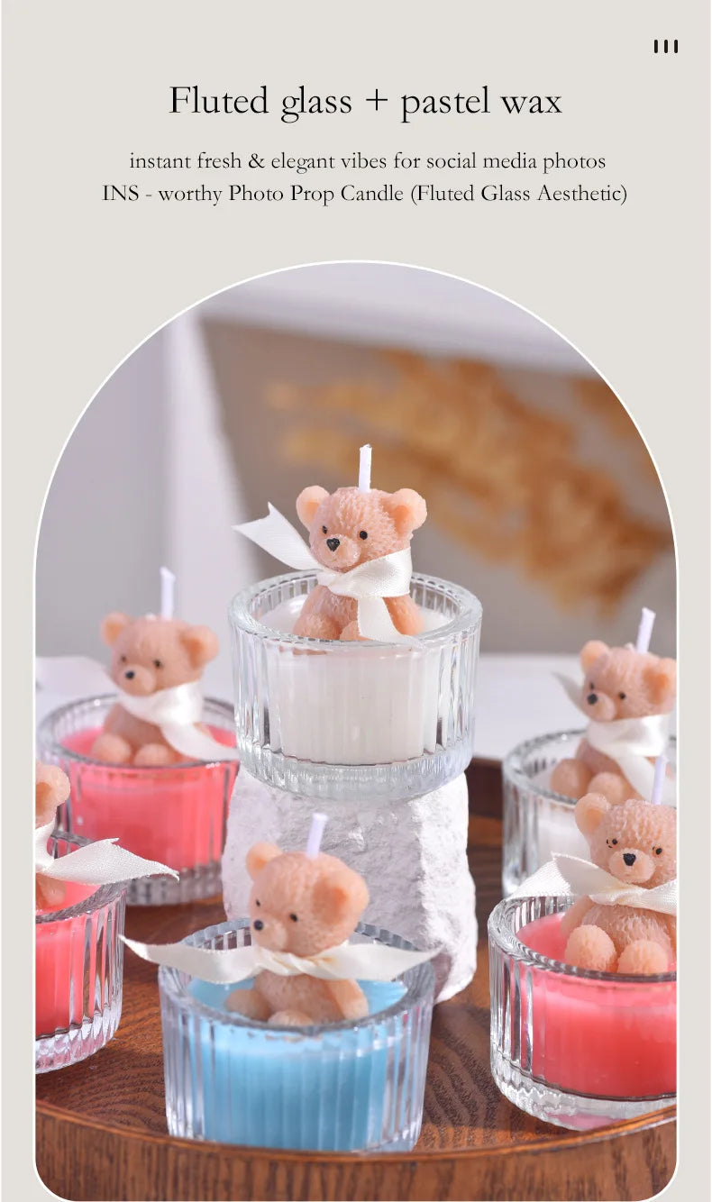 Scented Luxury Teddy Bear Soy Candle in Glass Jar with Ribbon, Creamy Pastel Gifts for Women, Bridal Shower & Holiday Favors