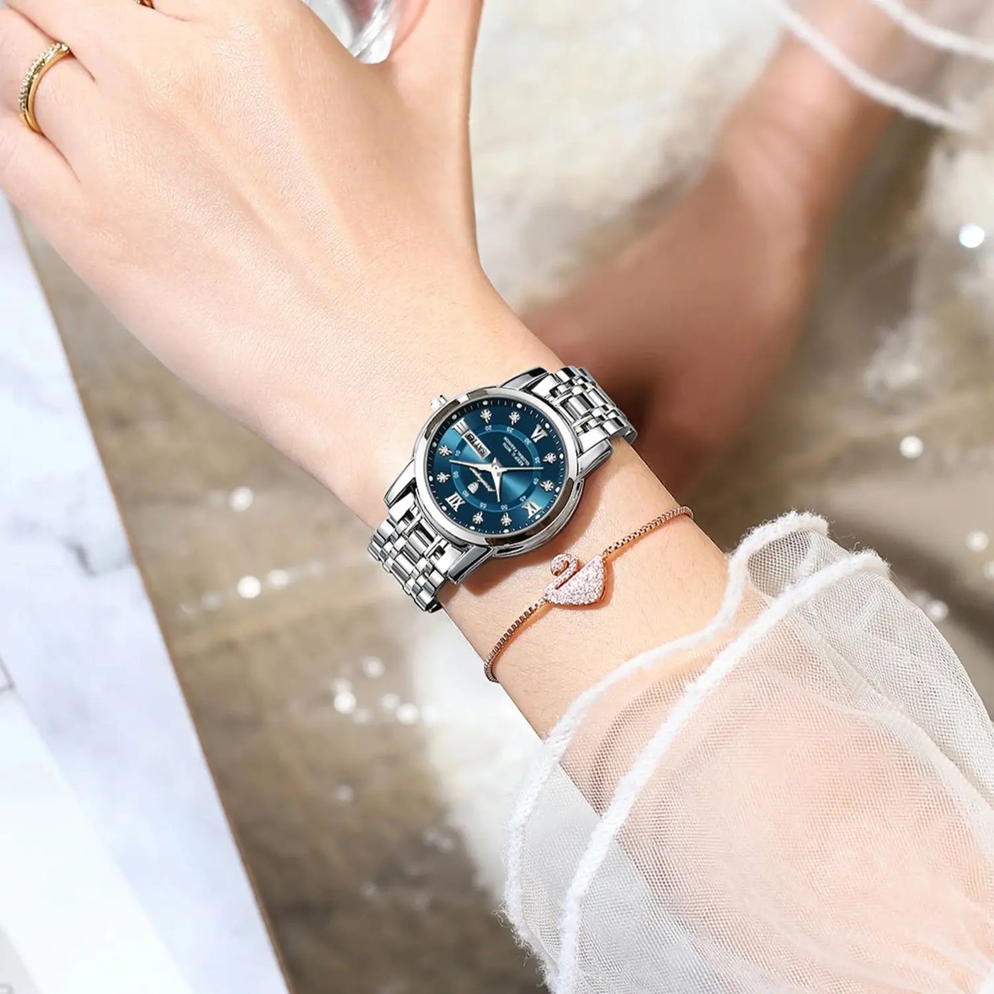 POEDAGAR Luxury Women Wristwatch Waterproof Luminous Date Week Women's Watches Stainless Steel Elegant Dress Quartz Ladies Watch