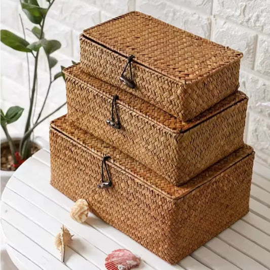 +Handwoven Seagrass Shelf Basket with Lid, Rectangular Desktop Organizer for Makeup & Sundries