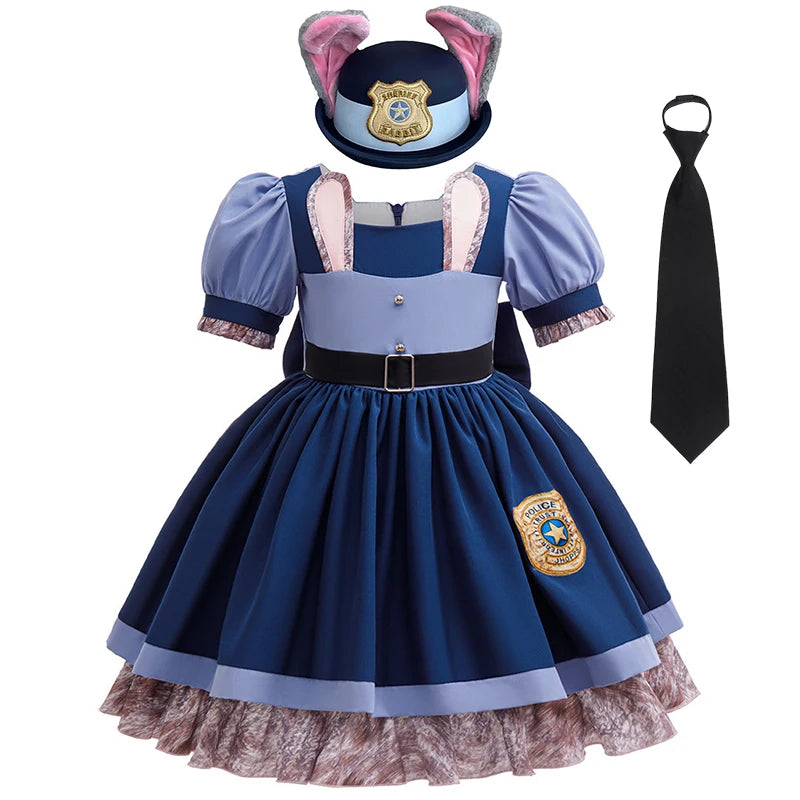 Girl Cosplay Disney Judy Hopps Police Officer Dress Zootopia Bunny Costume Kids Dress Up Halloween Rabbit Dress Outfits