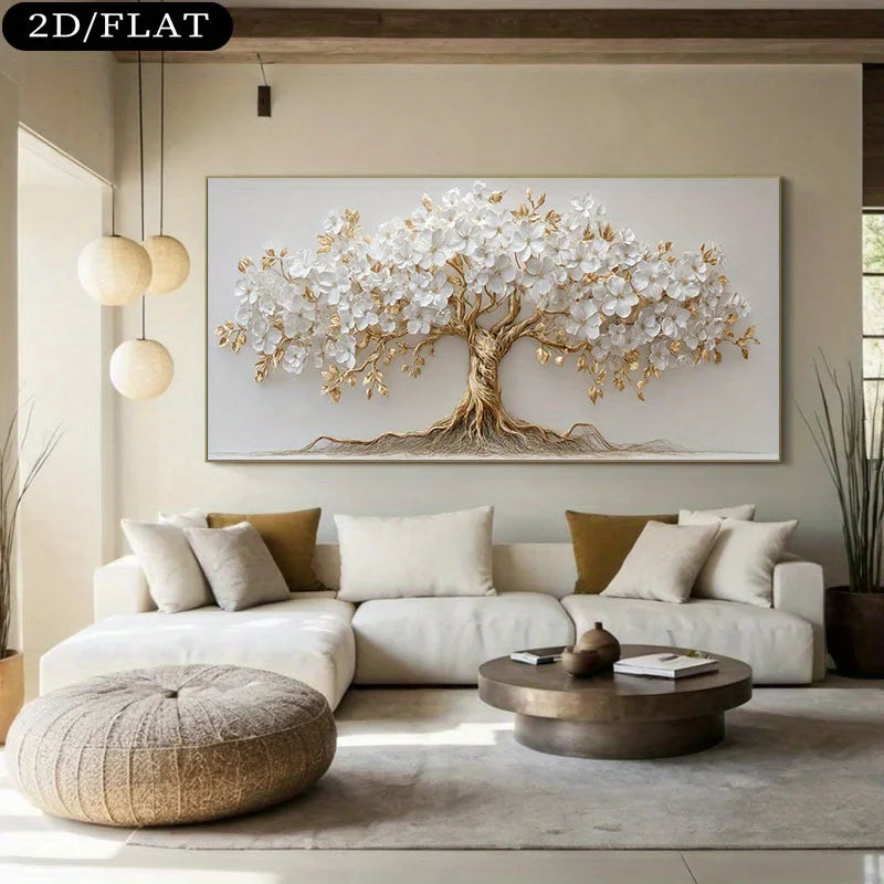 Large White Flower Nordic Tree Life Canvas Print  Beige Golden Branch Plant Wall Art Poster for Modern Living Room Home Decor
