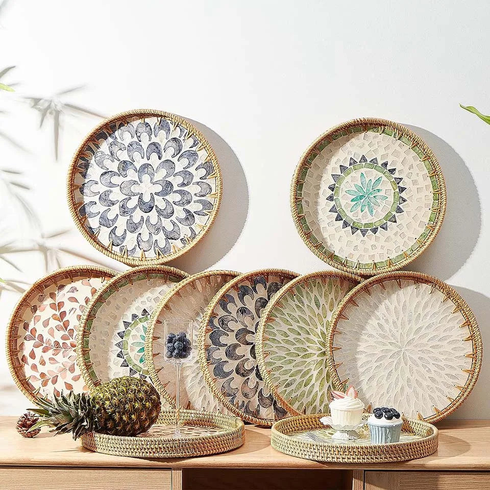 Round Rattan Tray with Mother of Pearl Inlay Rattan Serving Tray Wooden Base Storage and Display of Coffee Bread Food Fruit