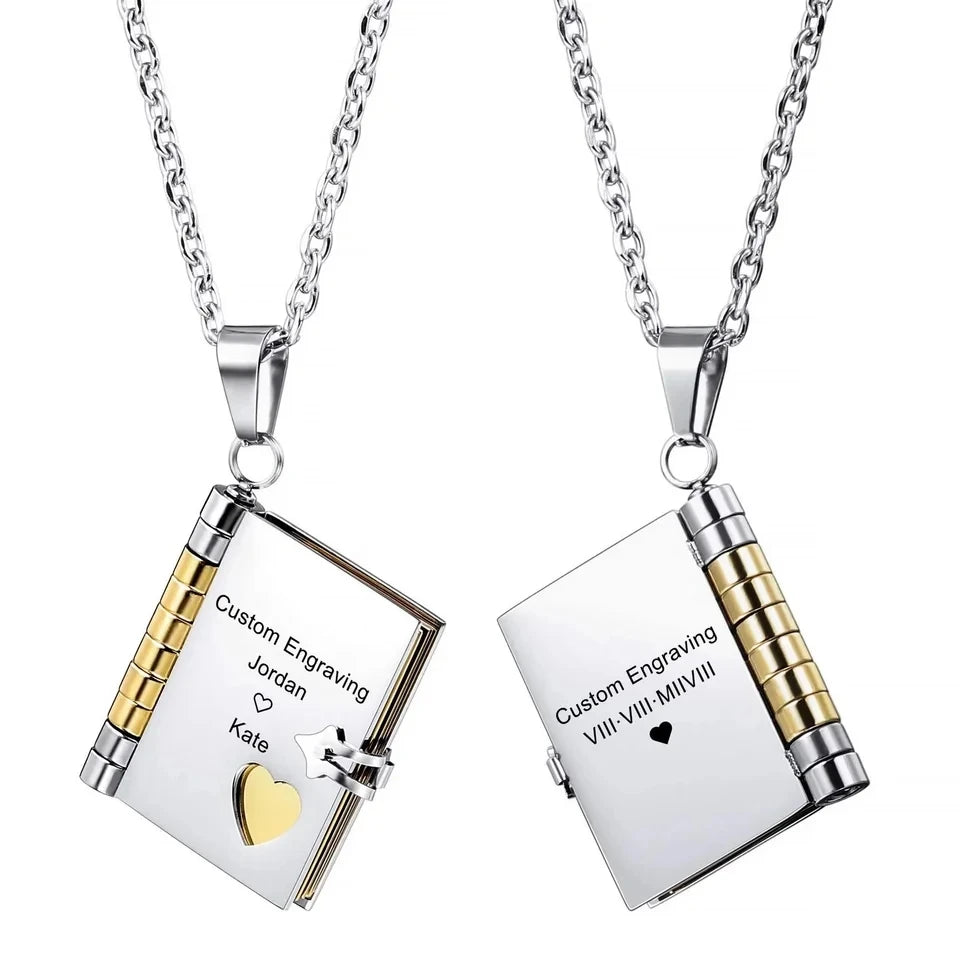 Akizoom Personalized Engrave Name Couple Book Necklace Stainless Steel Custom Book Locket Pendant for Women Family Jewelry Gift
