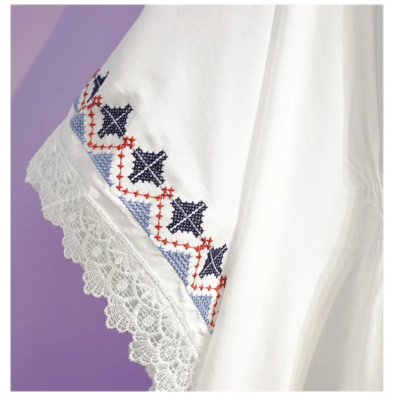Women Summer Tees Retro Boho Style Embroidery Blouses Cloak Top Loose Cotton Lace Hem Bat sleeve Kimono Shirts Blusa Feminina