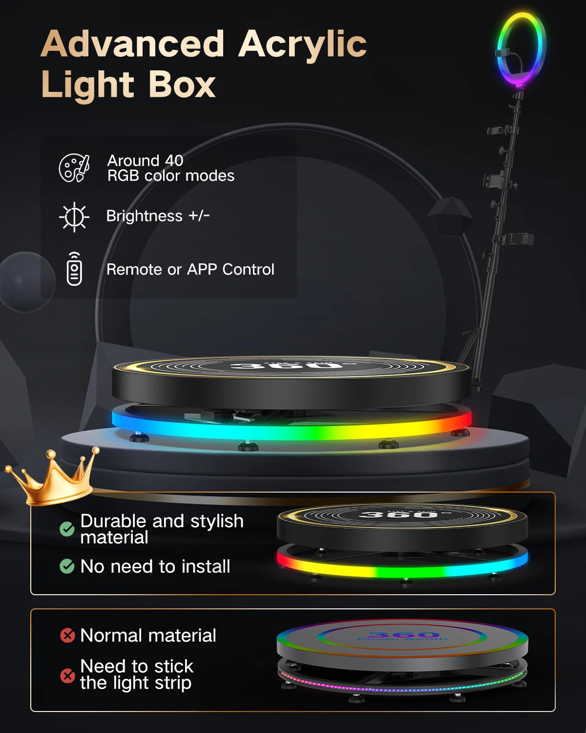 360 Photo Booth Automatic Rotating Photo Booth Machine Ring Light for Party Wedding Rental with RGB Light & Flight Case
