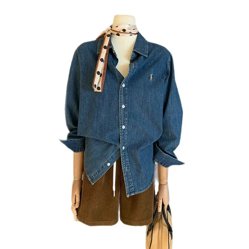 Retro Washed Denim Shirt with  Logo Classic Preppy Style Long Sleeve Women's Casual Fashion Autumn Season Button Closure