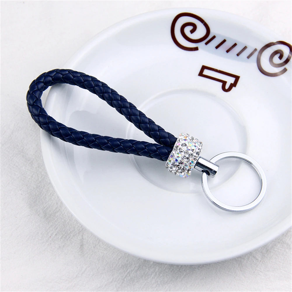 Creative Hand Woven Leather Car Keychain With Diamond Women Men Wallet Backpack Charm Bling Crystal Rope Keyring For Couple Gift