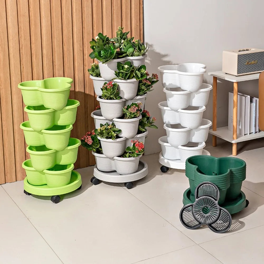 New Vertical Tower Stackable FlowerPot Plastic Multi-layer Flower Pot with Movable Casters Strawberry Planter Tower Home Garden