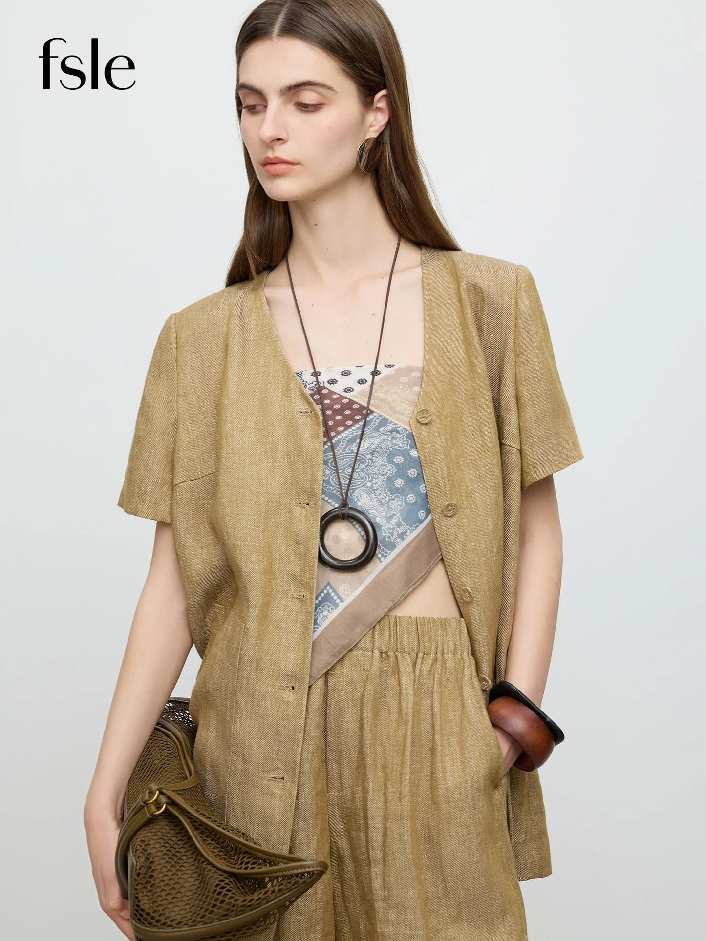 FSLE【Premium Series】V-neck Casual Short-sleeved Shirt Set 2025 Summer 100% Linen Short-sleeved Top Shorts 25FE12092+25FE12093