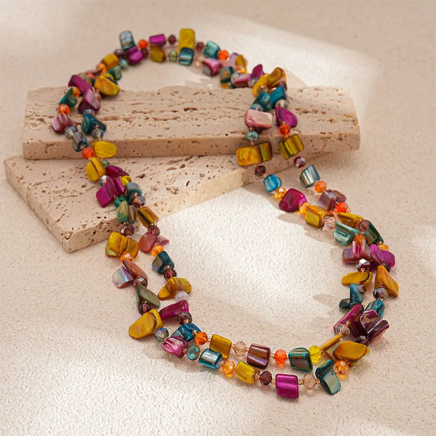 Boho Double-layer Shell Long Necklace for Women Vintage Irregular Beads Necklace Female Summer Vacation Jewelry Holiday Gifts