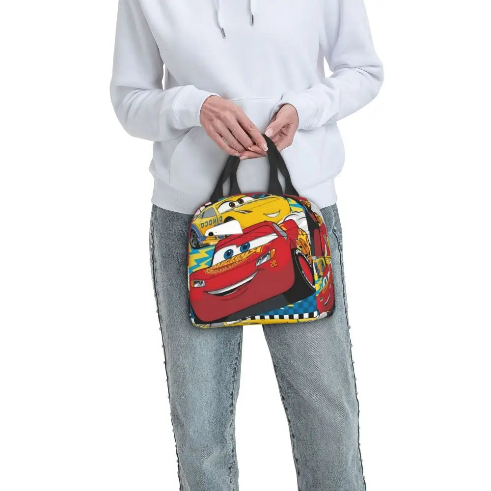 Custom Car 95 Lightning Mcqueen Insulated Lunch Bag for Women Resuable Racing Car Thermal Cooler Bento Box Office Picnic Travel