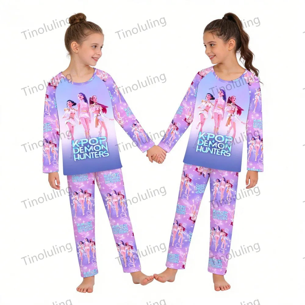 KPop Demon Hunters Huntrix Kids Pajamas Set Long Sleeve Girls Clothing 2pcs Children's Sleepwear Cartoon Boys Nightwear 3-14Y