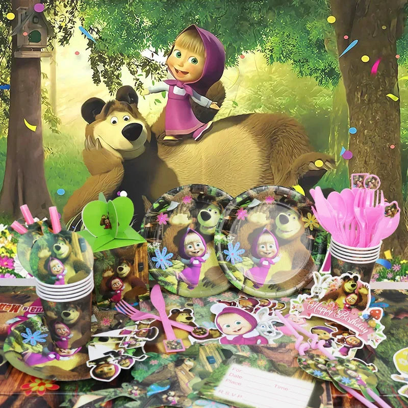 Mashas and Bear Birthday Party Decoration Cartoon Theme Balloons Kids Event Supplies Disposable Tableware Backdrop