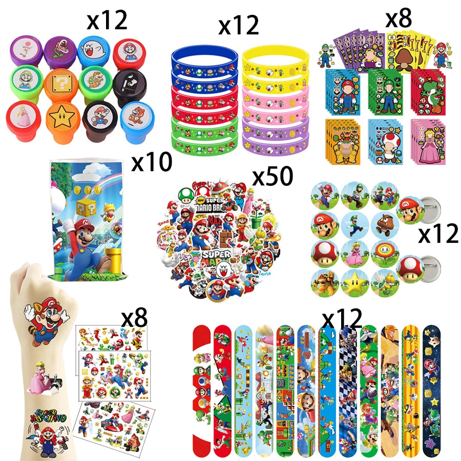 Super Marios Bro Kids Birthday Party Favor Supplies Reusable Masks Slap Bracelets Paper Bags Keychains Gift Bag Ring Decorations