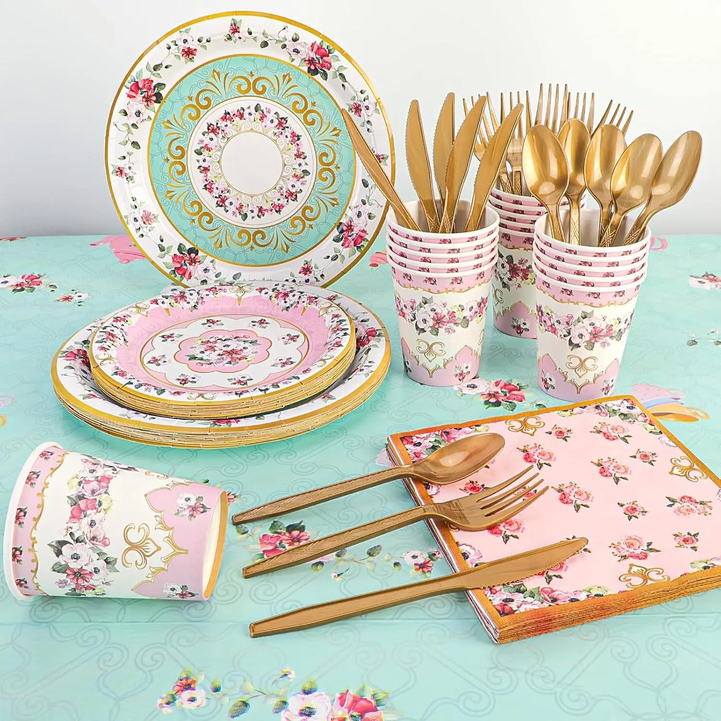 Tea Party Tableware Flower Paper Plate Napkin Cup Girl Birthday Tea Party Pink And Green Flower Decoration Disposable Tableware