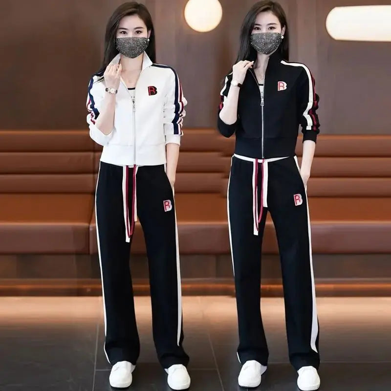 Fashionable Sportswear Two-Piece Set Ladies Wide Leg Pants Jacket Casual Spring Autumn Outfit Stylish Zipper Closure Long Sleeve