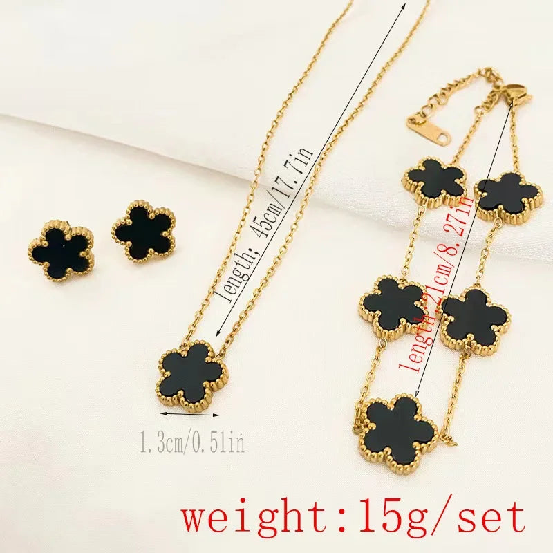 LUXUKISSKIDS Fashion Flower Necklace Earrings Set Jewelry Women Stainless Steel White Shell Clover Bracelet Jewelry Accessories