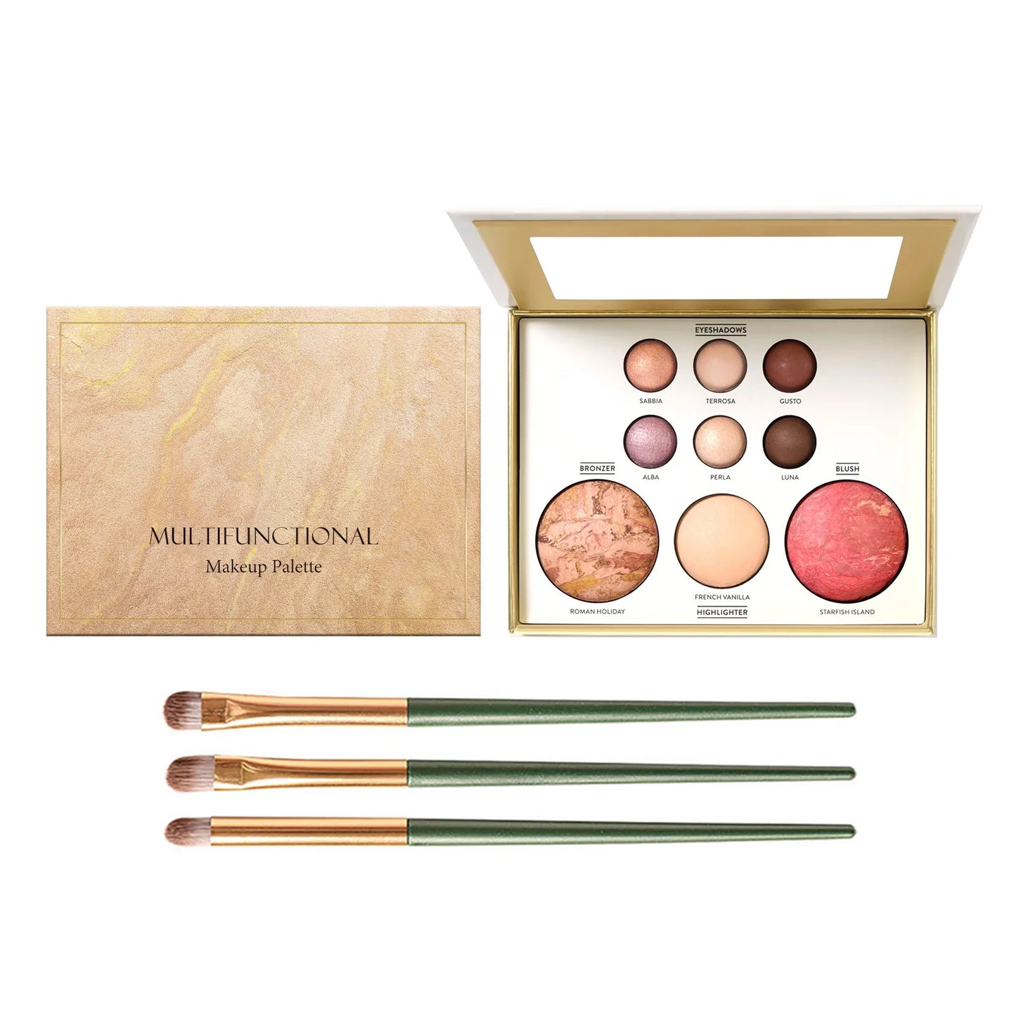 Multicolor Baked Powder Makeup Set Waterproof Brightening Setting Concealing Smudge Proof with 3 Pcs Brushes Valentine's Day Gif