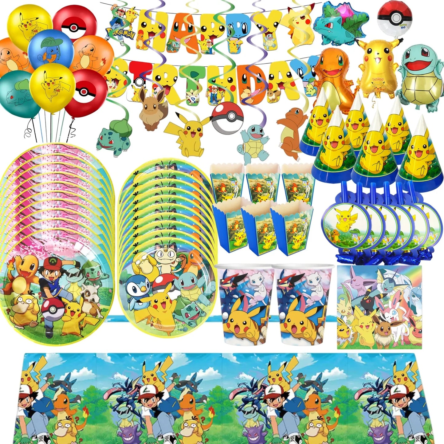 Pokemons Party Birthday Decoration Happy Pikachu Theme Tableware Cups Plates Balloons Banner Supplies Kids Favors Baby Shower