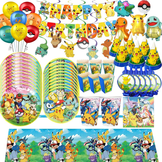 Pokemons Party Birthday Decoration Happy Pikachu Theme Tableware Cups Plates Balloons Banner Supplies Kids Favors Baby Shower