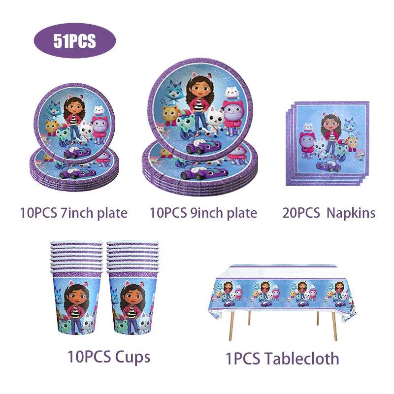 Disney Gabby Dollhouse Birthday Party Decoration Balloon Napkins Children's Disposable Tableware Theme Party Supplies Kids Gifts