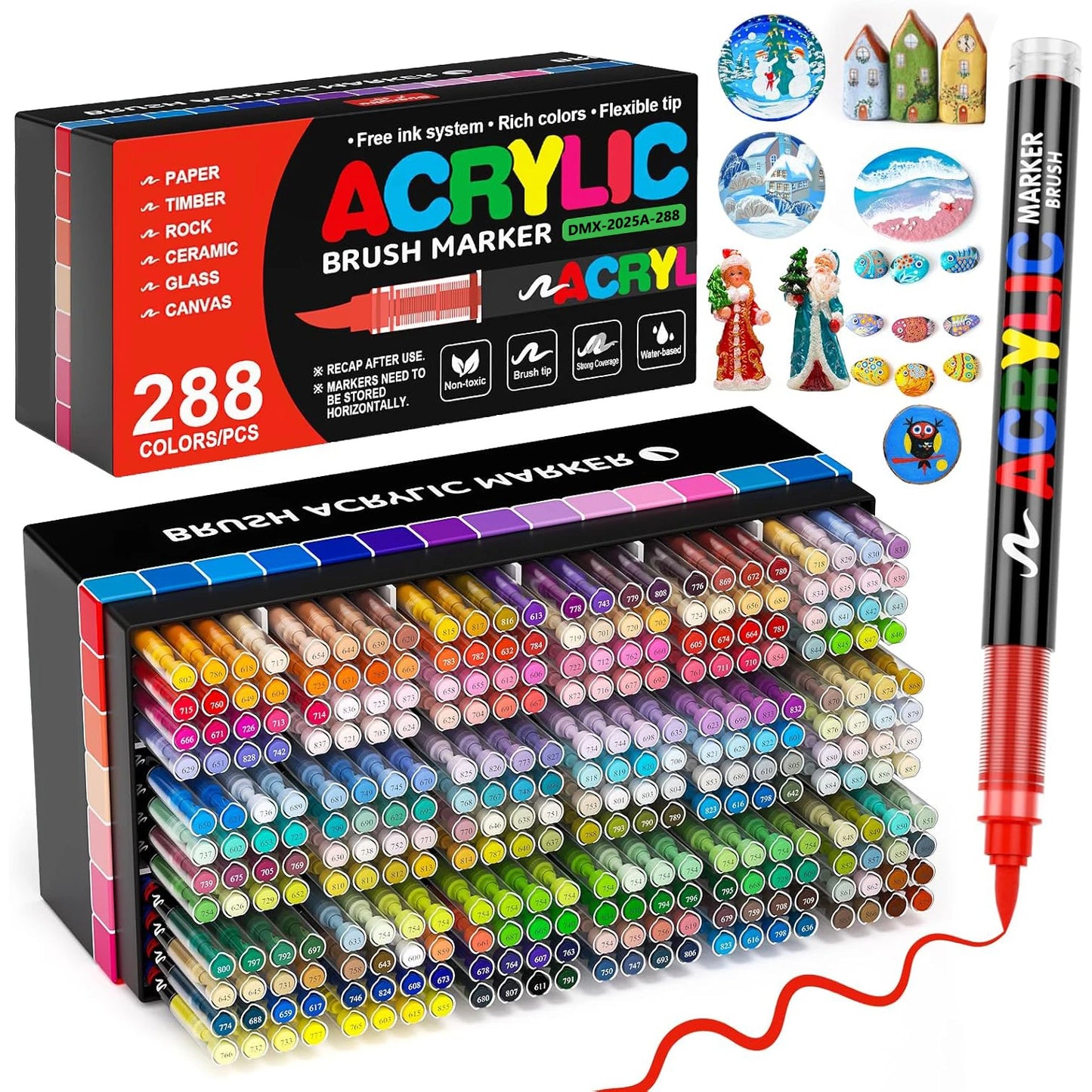 12-288 Colors Flexible Brush Acrylic Markers Set for Rock Wood Canvas Glass Stone DIY Crafts Painting Art Supplies