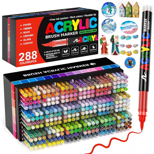 12-288 Colors Flexible Brush Acrylic Markers Set for Rock Wood Canvas Glass Stone DIY Crafts Painting Art Supplies