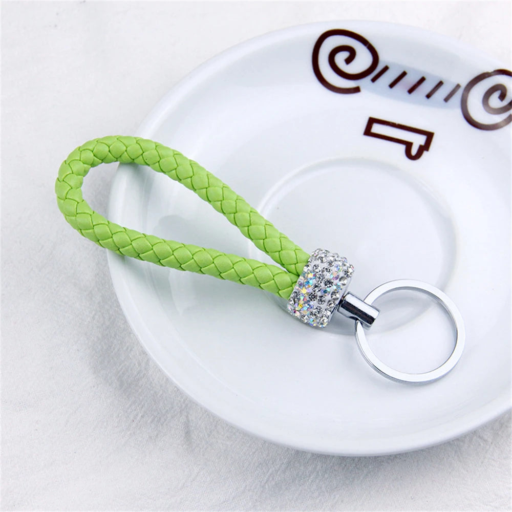 Creative Hand Woven Leather Car Keychain With Diamond Women Men Wallet Backpack Charm Bling Crystal Rope Keyring For Couple Gift