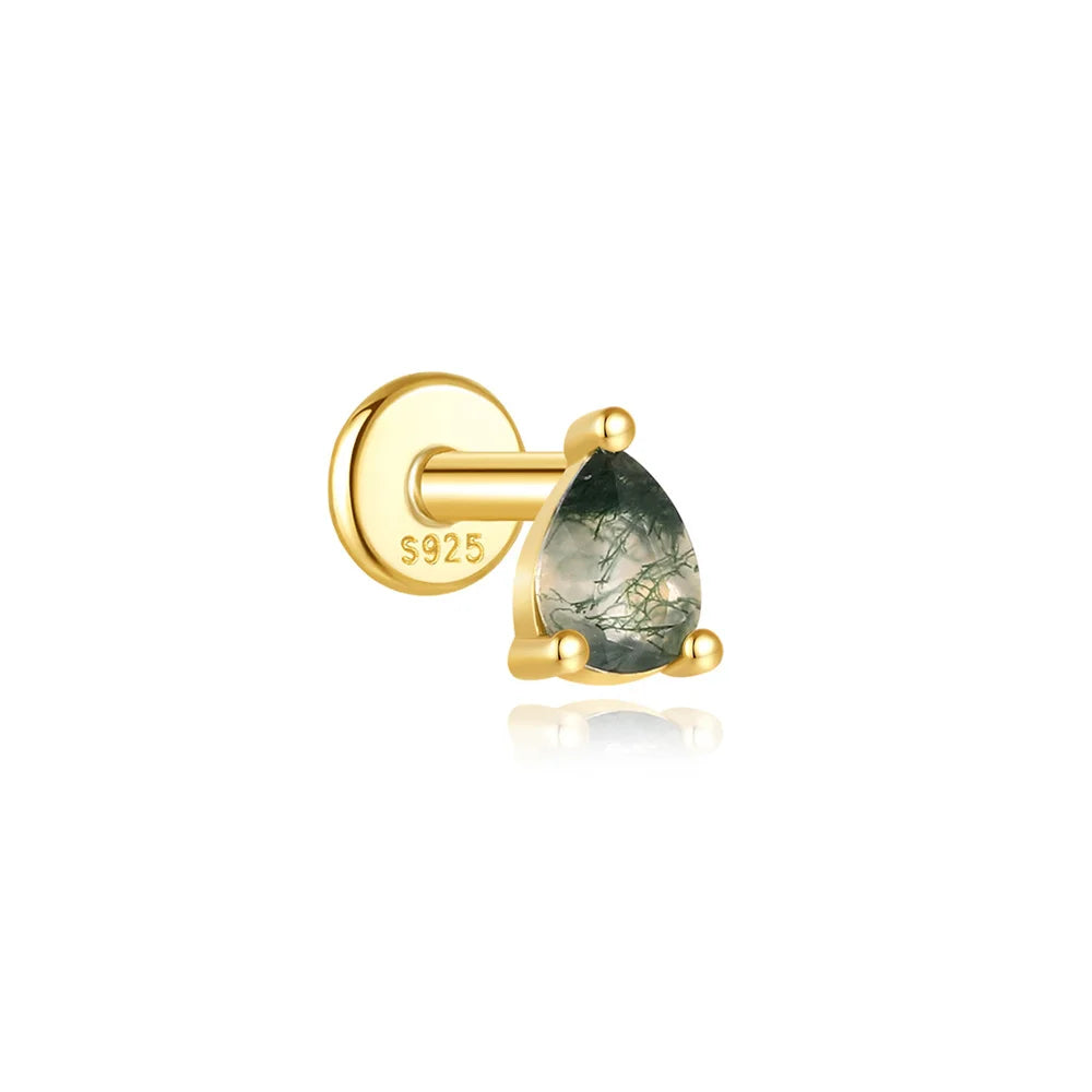 AIDE Water Grass Agate 925 Sterling Silver Flat Head Thread Piercing Earring Green Moss Piercing Ear Bone Earring Jewelry 1pc
