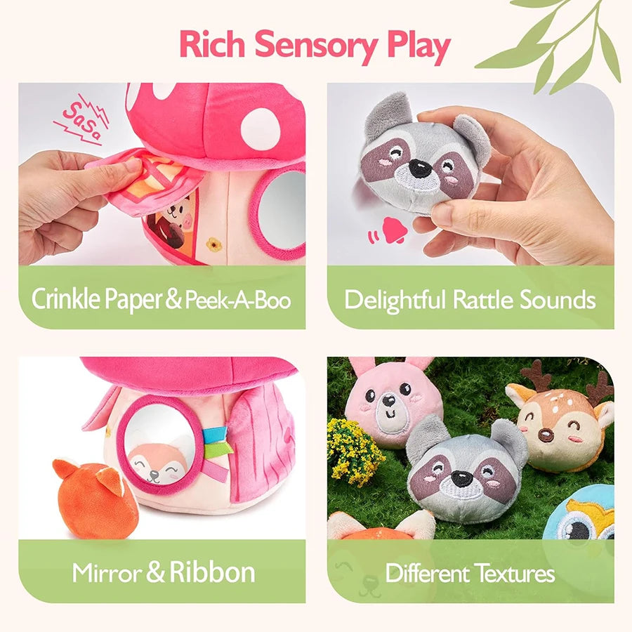 Baby Toys 6-12 Months Soft Baby Beehive with 5 Sensory Bee Rattle Mirror Crinkle Squeaker Busy Montessori Soft Toy for Toddlers