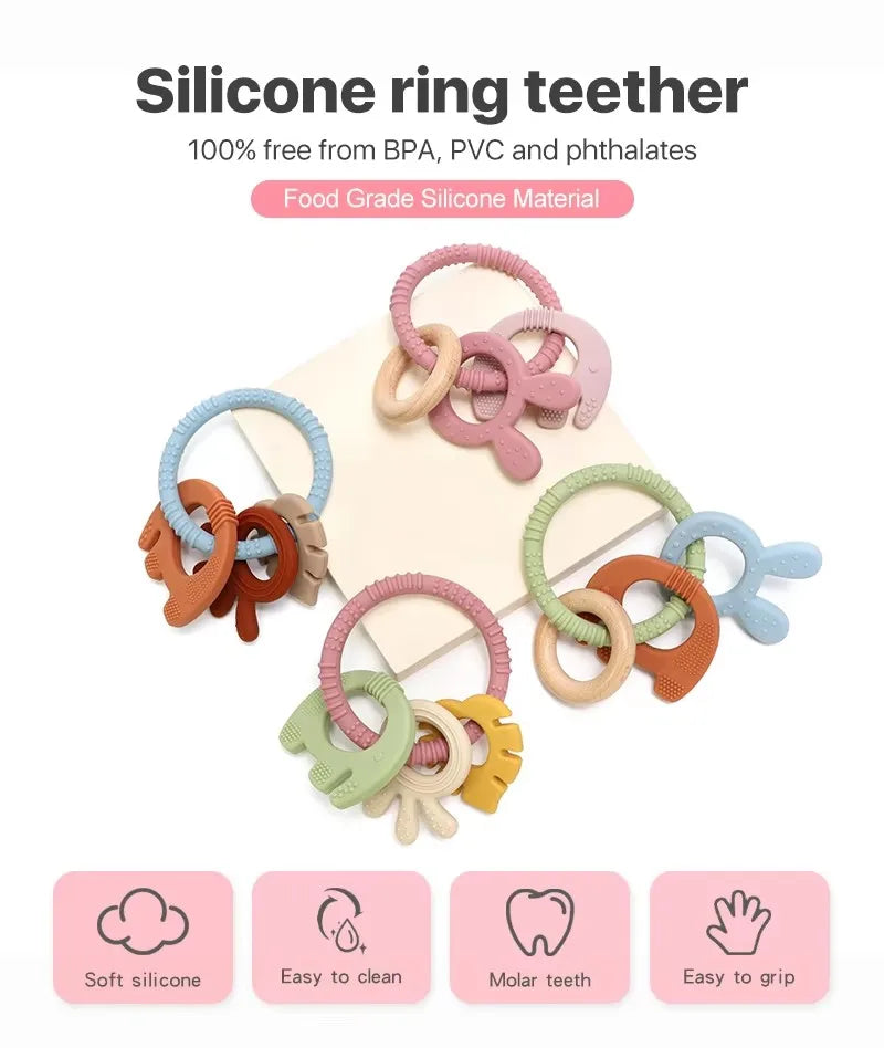 Baby Teething Toys Silicone Wooden Ring Teether BPA Free Cute Elephant Babies Chew Toy for Boys and Girls Newborn Gifts