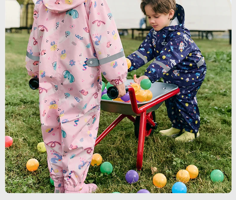 Camouflage Print Kids Raincoat With Visor Hood Reflective Strips Waterproof Toddler Cute Animal Outdoor Travel Coverall Raincoat