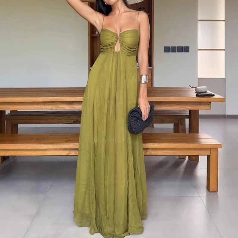 2025 Summer New Solid Pleat Evening Dress Leisure Sleeveless Backless Big Hem Dress Sexy Suspender U Design Vacation Long Dress