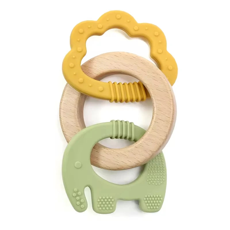 Baby Teething Toys Silicone Wooden Ring Teether BPA Free Cute Elephant Babies Chew Toy for Boys and Girls Newborn Gifts