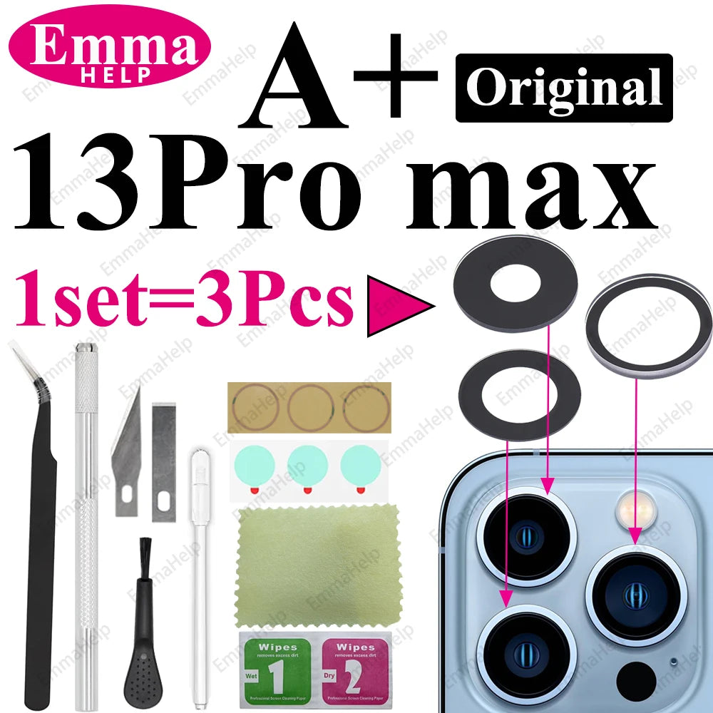 1Set Original Sapphire Rear Camera Glass Replacement for iPhone 16 15 14 Pro Max 12 13 Mini 15 Plus Camera Lens Repair Tool Kits