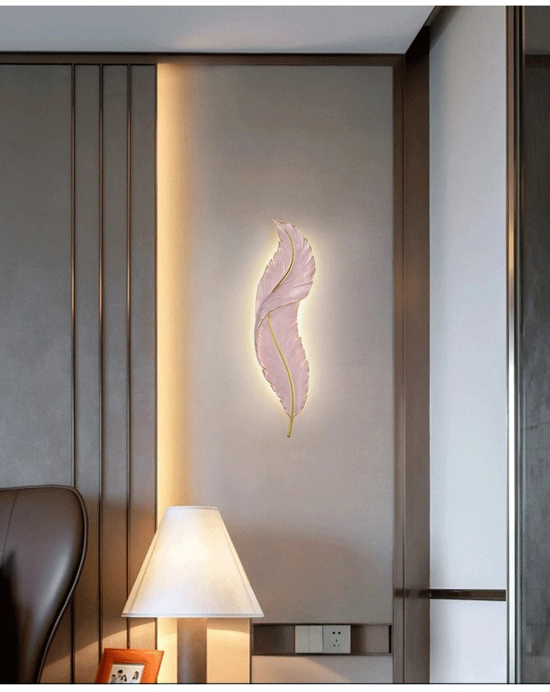 Nordic feather wall lamp, living room, bedroom, headboard, foyer, creative feather lamp, resin aisle, minimalist background ligh