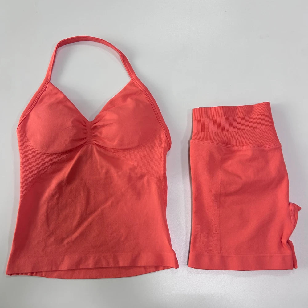 2Pcs Gym Set Women Backless Tank Tops High Waist Scrunch Seamless Shorts
